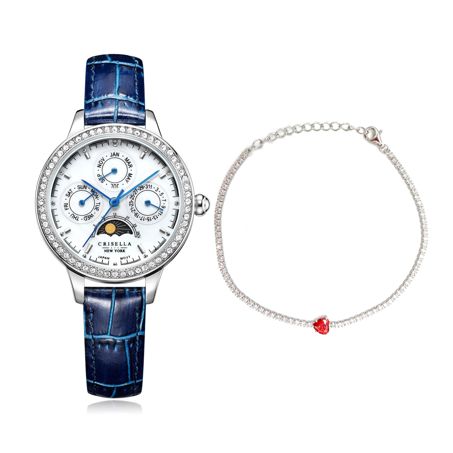 日月星辰多功能皮帶手錶配心形鋯石手鏈套裝