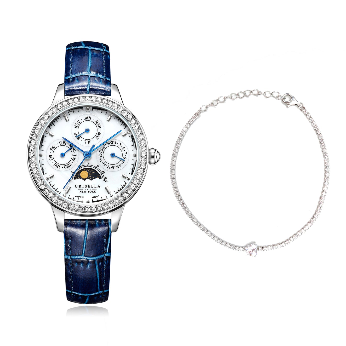 <transcy>Multi-Fun Crystal Leather Watch with Crystal Heart Bracelet Set</transcy>