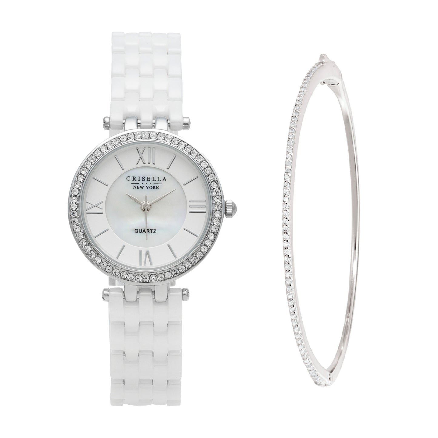 <transcy>Elegant Ceramic Watch with T-Bone Crystal Bangle Set</transcy>