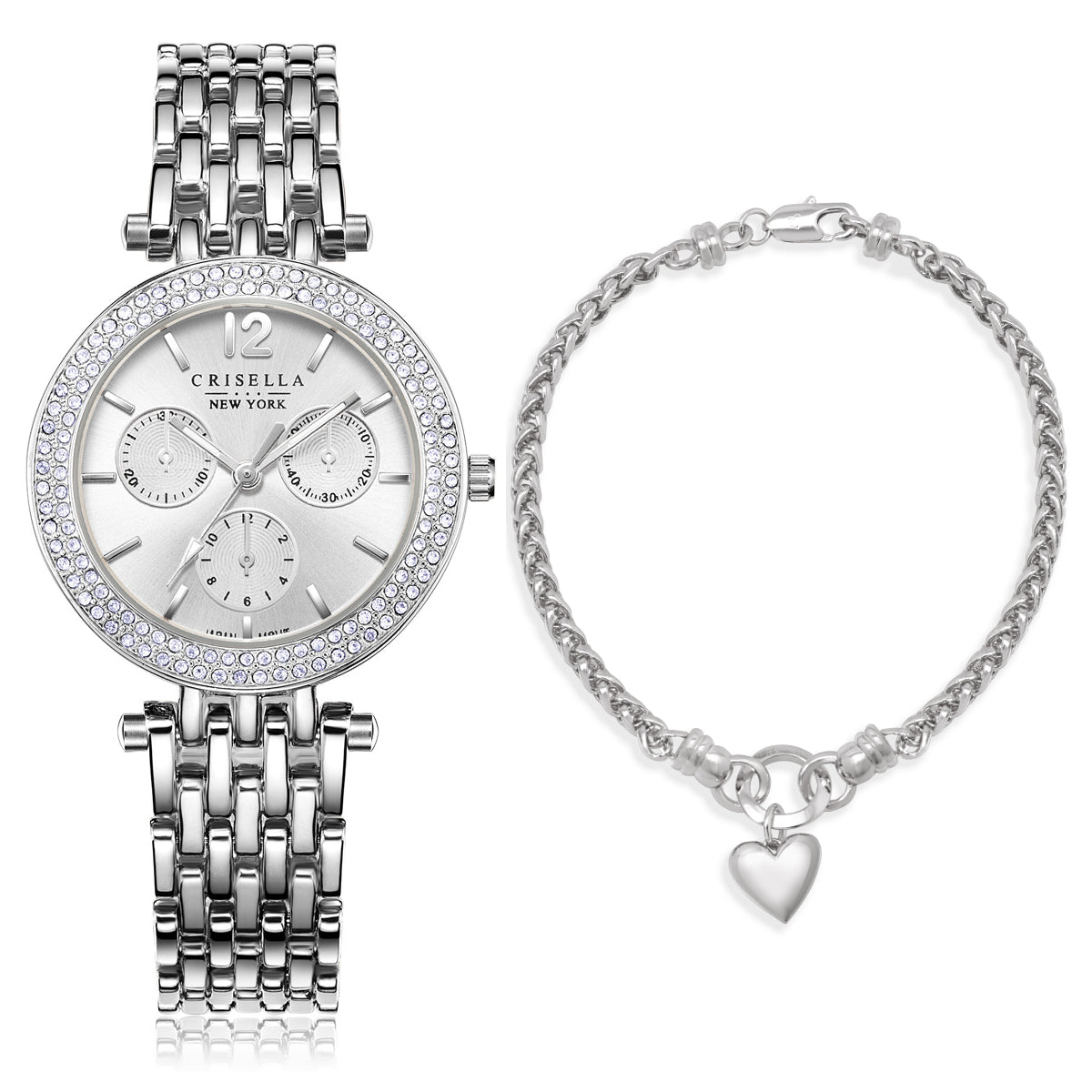 <transcy>Classy Crystal Accented Metal Watch with “Heart” Wheat Chain Silver Bracelet Set</transcy>