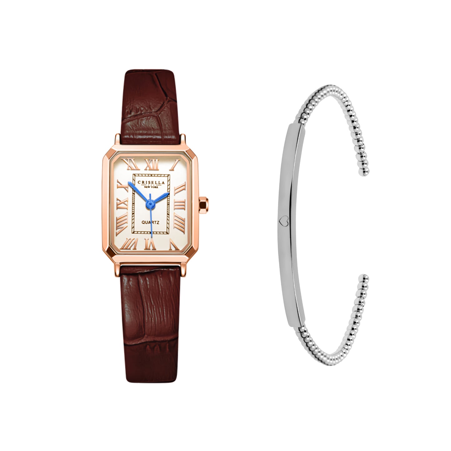 <transcy>Elegant Rectangular Leather Watch with Tammie Beads Bangle Set</transcy>