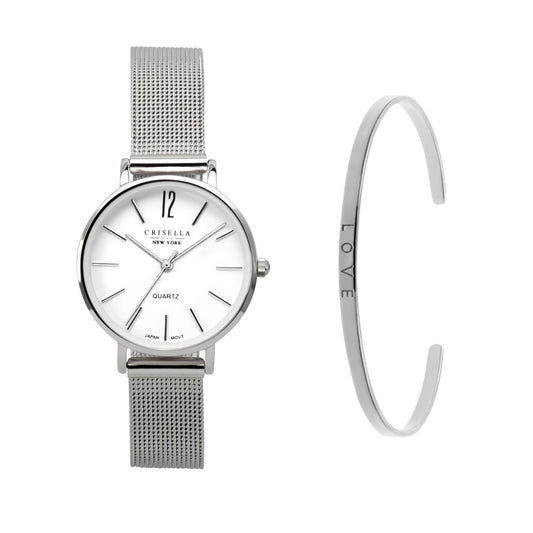 Classic Simple Steel Web Quartz Ladies Watch with Bracelet Set
