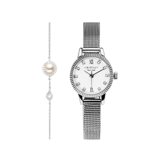 <transcy>Small Mesh Band Watch and Silver Pearl Bracelet Set</transcy>