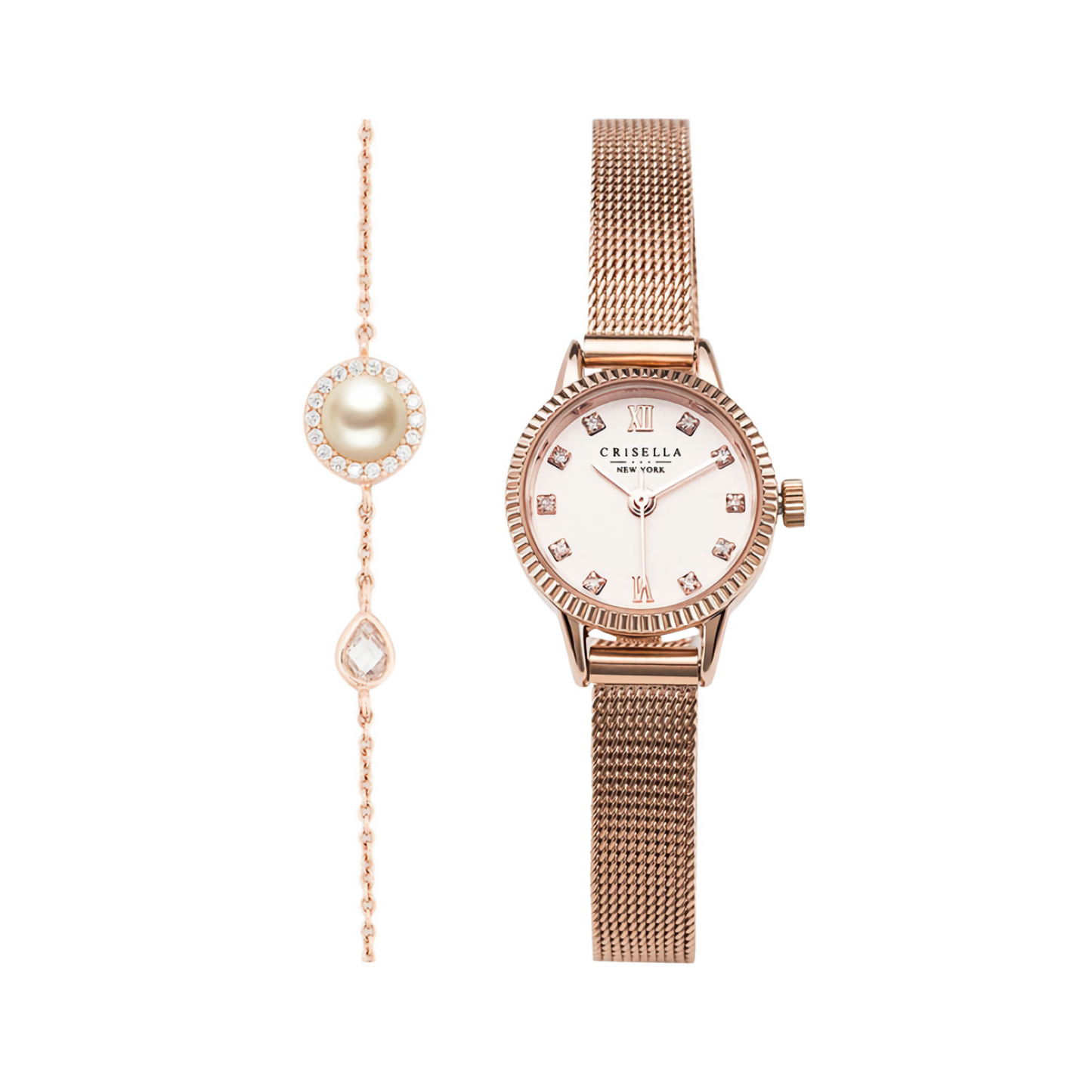 優雅復古鋼織帶石英手錶配珍珠手鏈套裝