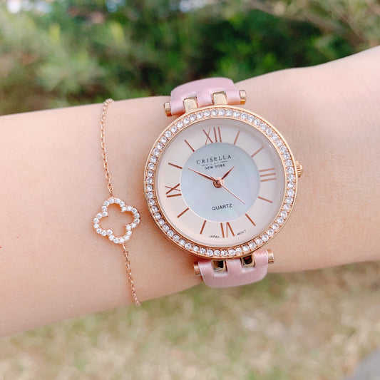 優雅鋯石緞面錶帶石英手錶