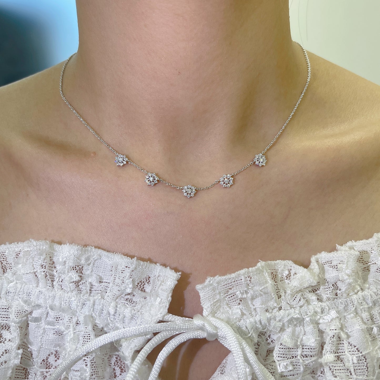 優雅纖細鑲鋯石純銀小花項鏈